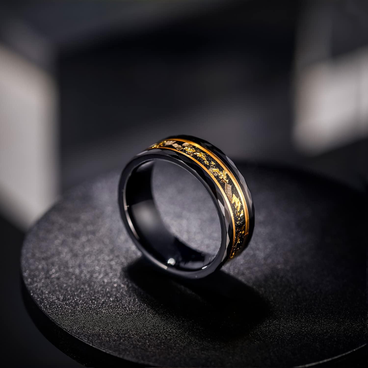 imageGreenpod 8MM Tungsten Carbide Rings for Men Hammered Polished Faceted Edge Wedding Band 24K Gold Plated Foil with Black Dinas Inlay Comfort Fit Size 713