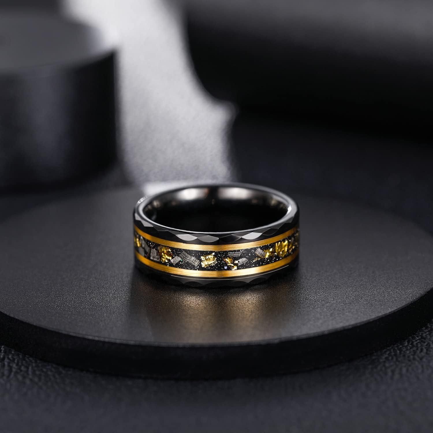imageGreenpod 8MM Tungsten Carbide Rings for Men Hammered Polished Faceted Edge Wedding Band 24K Gold Plated Foil with Black Dinas Inlay Comfort Fit Size 713