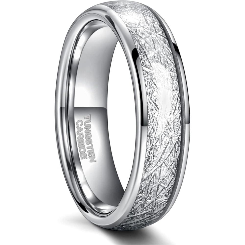 imageGreenpod 4mm 6mm Tungsten Rings for Men Women Silver Dome Polished Meteorite Inlay Ring Wedding Bands for Him Size 4136mm