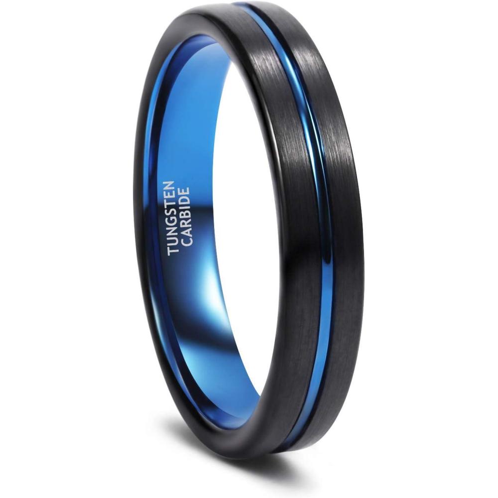 imageGreenpod 4mm Tungsten Wedding Bands for Women Men BlueRose Gold Plated Engagement Rings High PolishBrushed Finish Grooved Comfort Fit Size 4124mm Blue