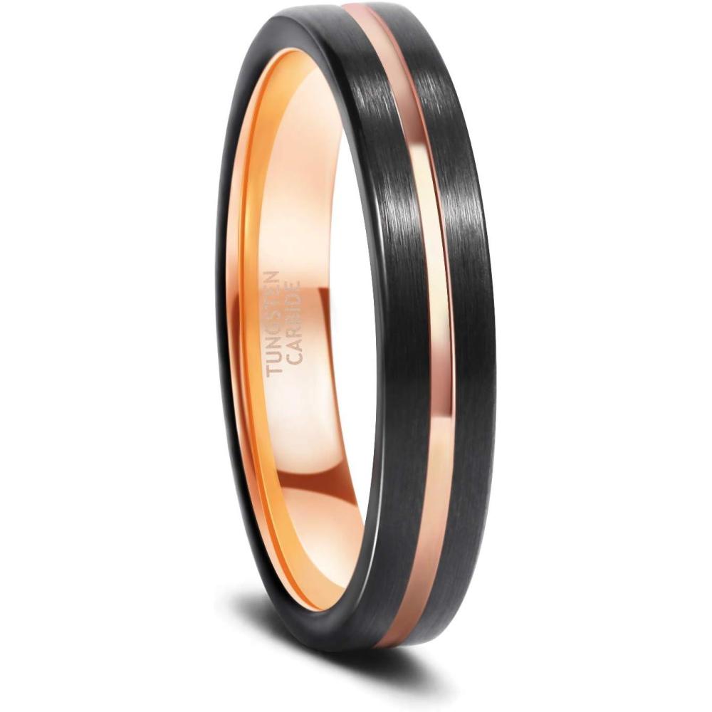 imageGreenpod 4mm Tungsten Wedding Bands for Women Men BlueRose Gold Plated Engagement Rings High PolishBrushed Finish Grooved Comfort Fit Size 4124mm Rose Gold Plated