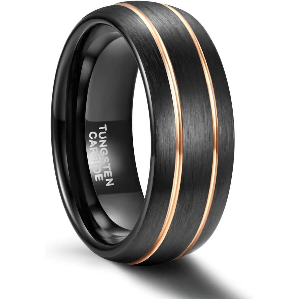 imageGreenpod 6mm 8mm Black Tungsten Ring for Men BlueRose Gold PlatedSilver Thin Groove Line Dome Brushed Comfort Fit Size 615Black Rose Gold