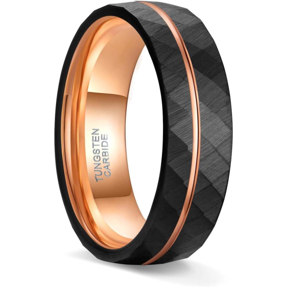 imageGreenpod 6mm 8mm Tungsten Carbide Rings for Men Hammered Rose Gold Plated Line Multi Faceted Wedding Band Women Brushed Matte Finished Comfort Fit Size 6136mm