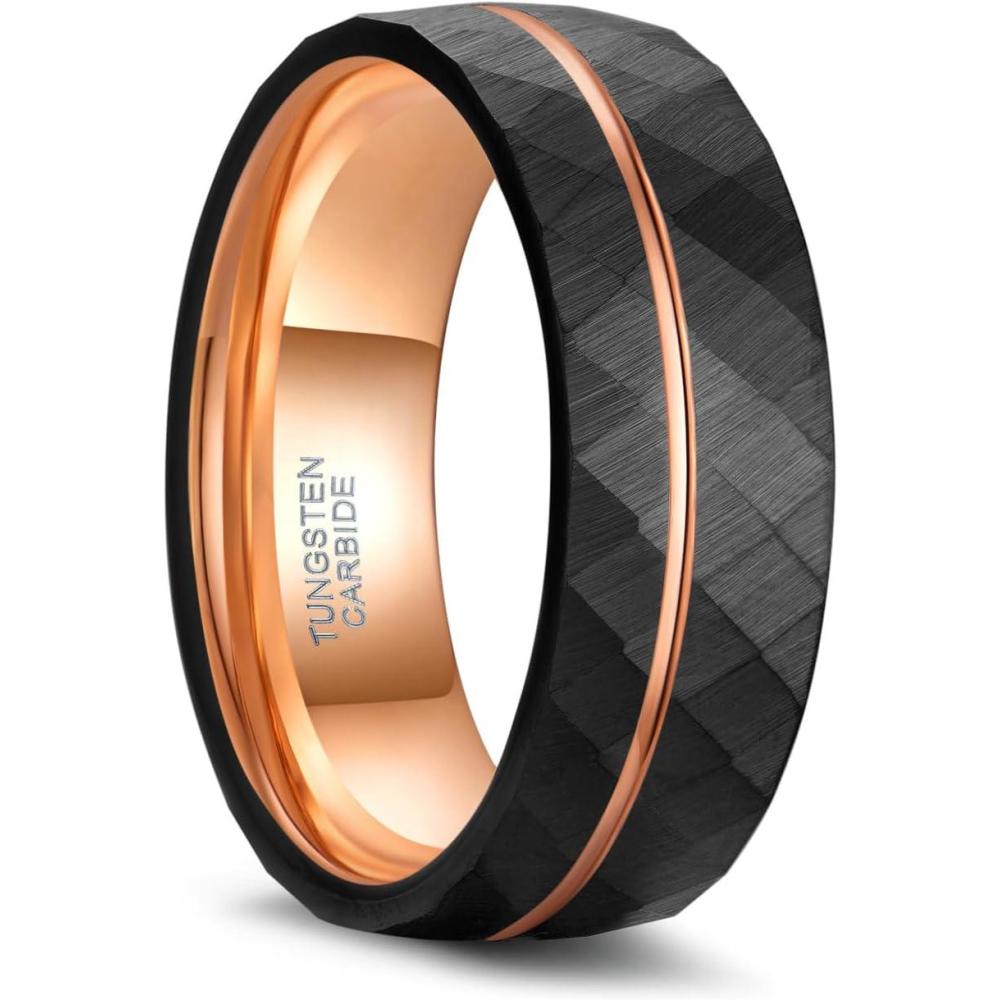 imageGreenpod 6mm 8mm Tungsten Carbide Rings for Men Hammered Rose Gold Plated Line Multi Faceted Wedding Band Women Brushed Matte Finished Comfort Fit Size 6138mm