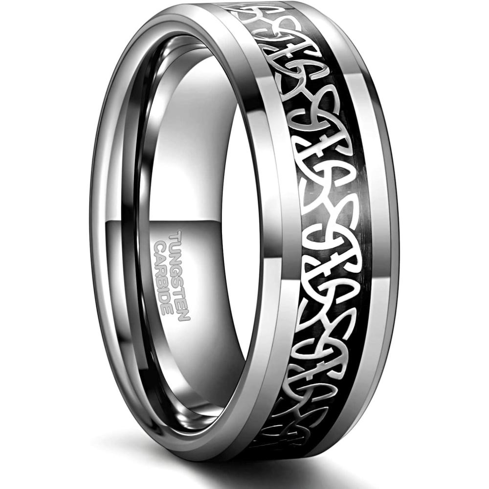 imageGreenpod 6mm 8mm Tungsten Rings for Men Women Silver Beveled Edge Celtic Knot Rings Black Carbon Fiber Inlay Wedding Bands for Him Size 5158mm