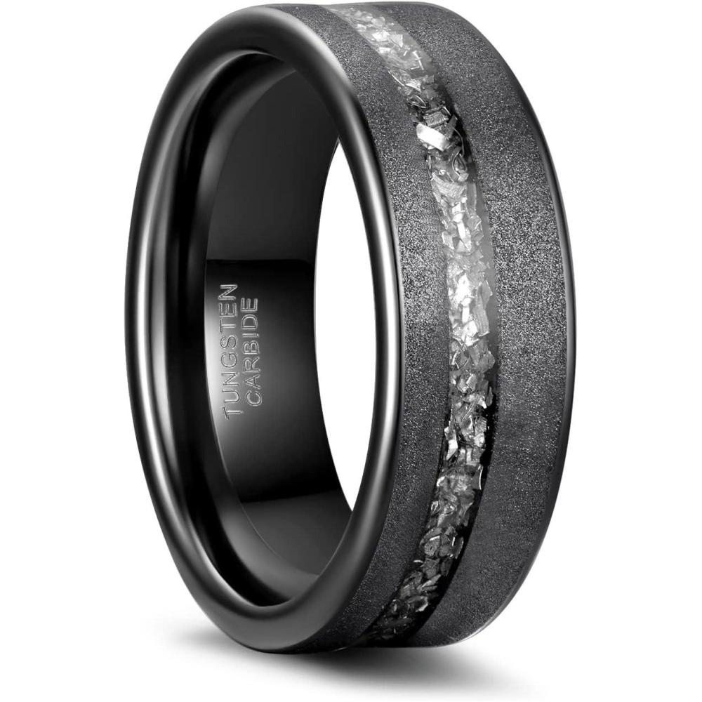 imageGreenpod 8MM Tungsten Carbide Rings for Men Sandblasted Flat Polished Dark Grey Wedding Band Aluminum Slag and Black Dinas Inlay Comfort Fit Size 713