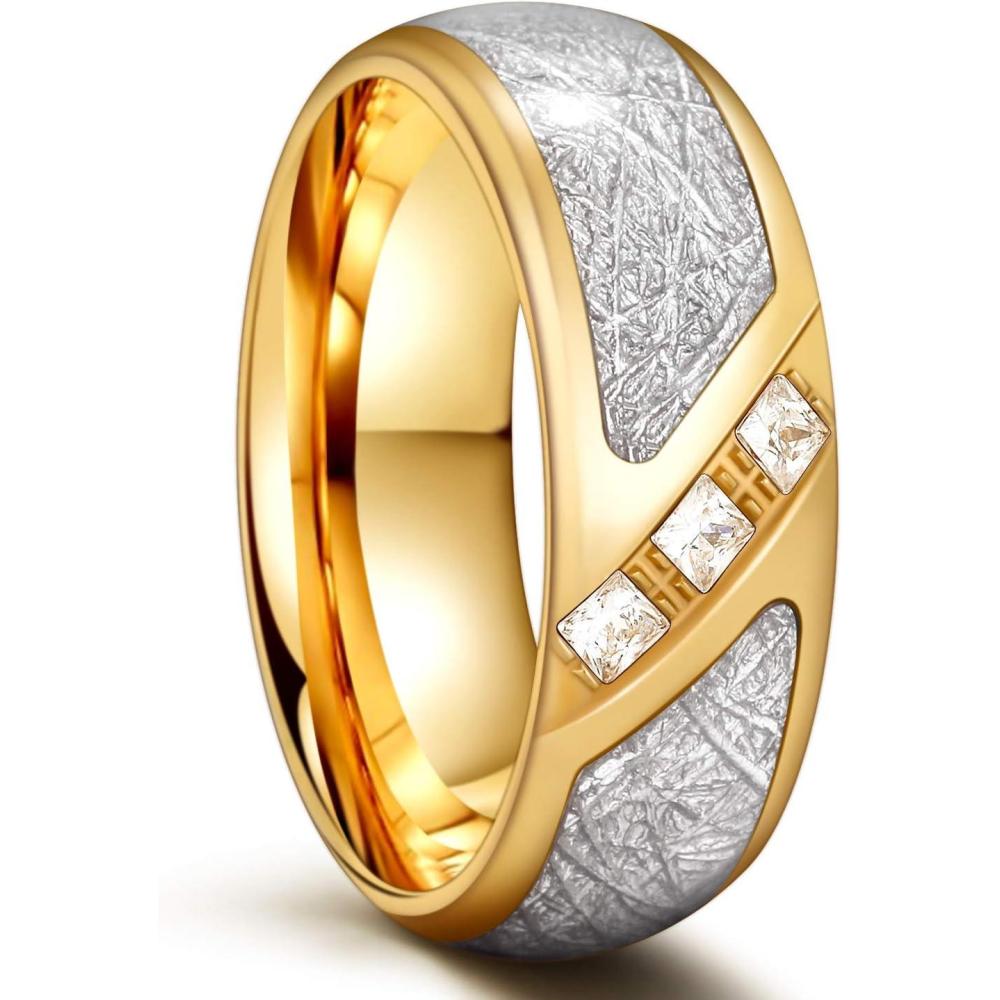 imageGreenpod 8mm Stainless Steel Rings for Men 24K Gold Plated Meteorite Cubic Zirconia Inlay Domed Polished Wedding Band Comfort Fit Size 7158mm gold plated cz