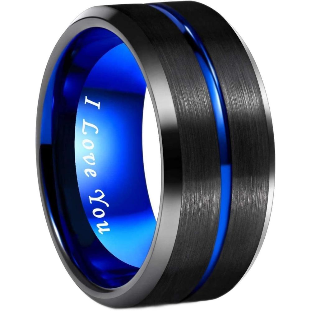 imageGreenpod Mens Tungsten Ring Wedding Band 6mm 8mm 10mm Engraved I Love You Thin BlueBlack Centre Groove Comfort Fit Size 61710mm Black Blue I Love You
