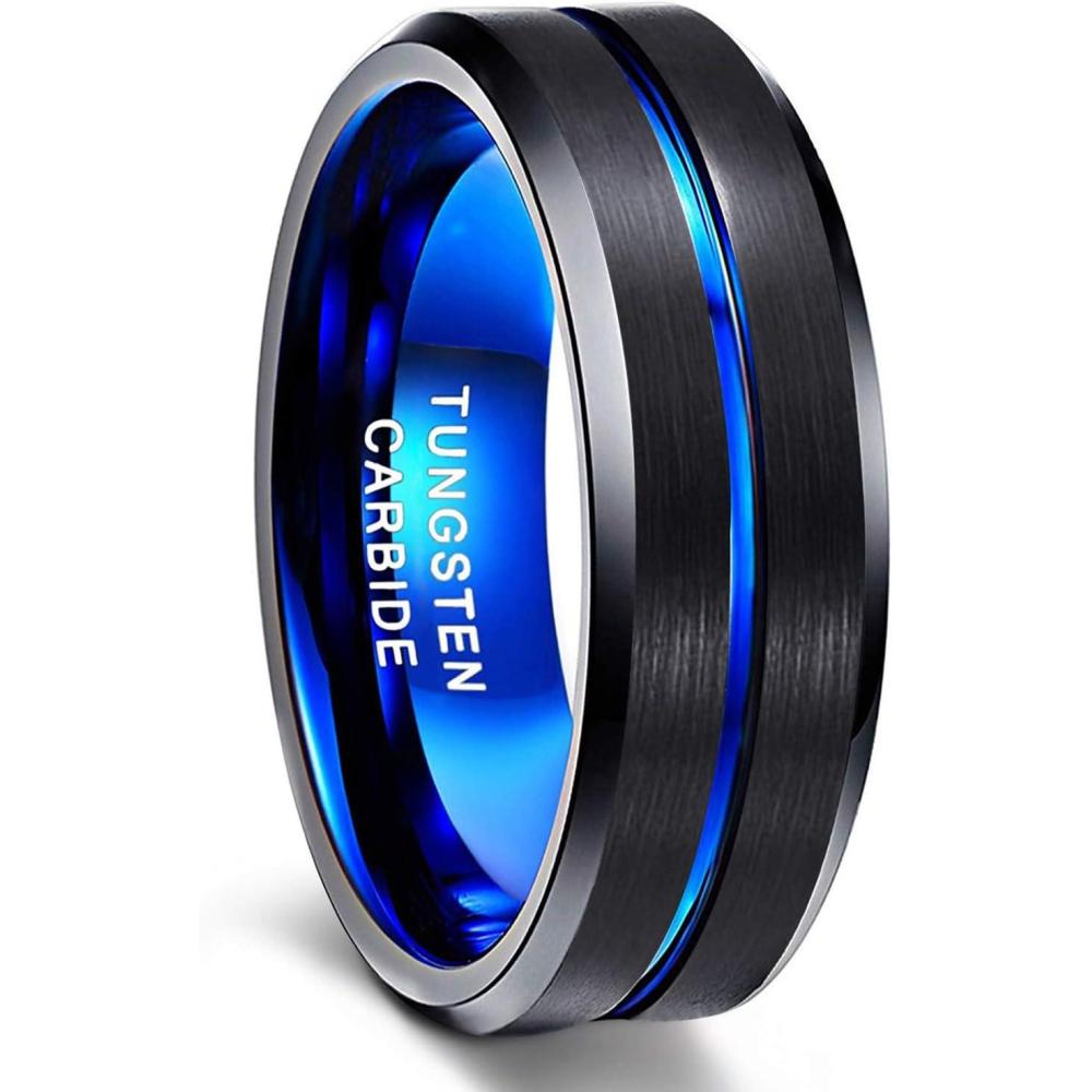 imageGreenpod Mens Tungsten Ring Wedding Band 6mm 8mm 10mm Engraved I Love You Thin BlueBlack Centre Groove Comfort Fit Size 6178mm Black Blue