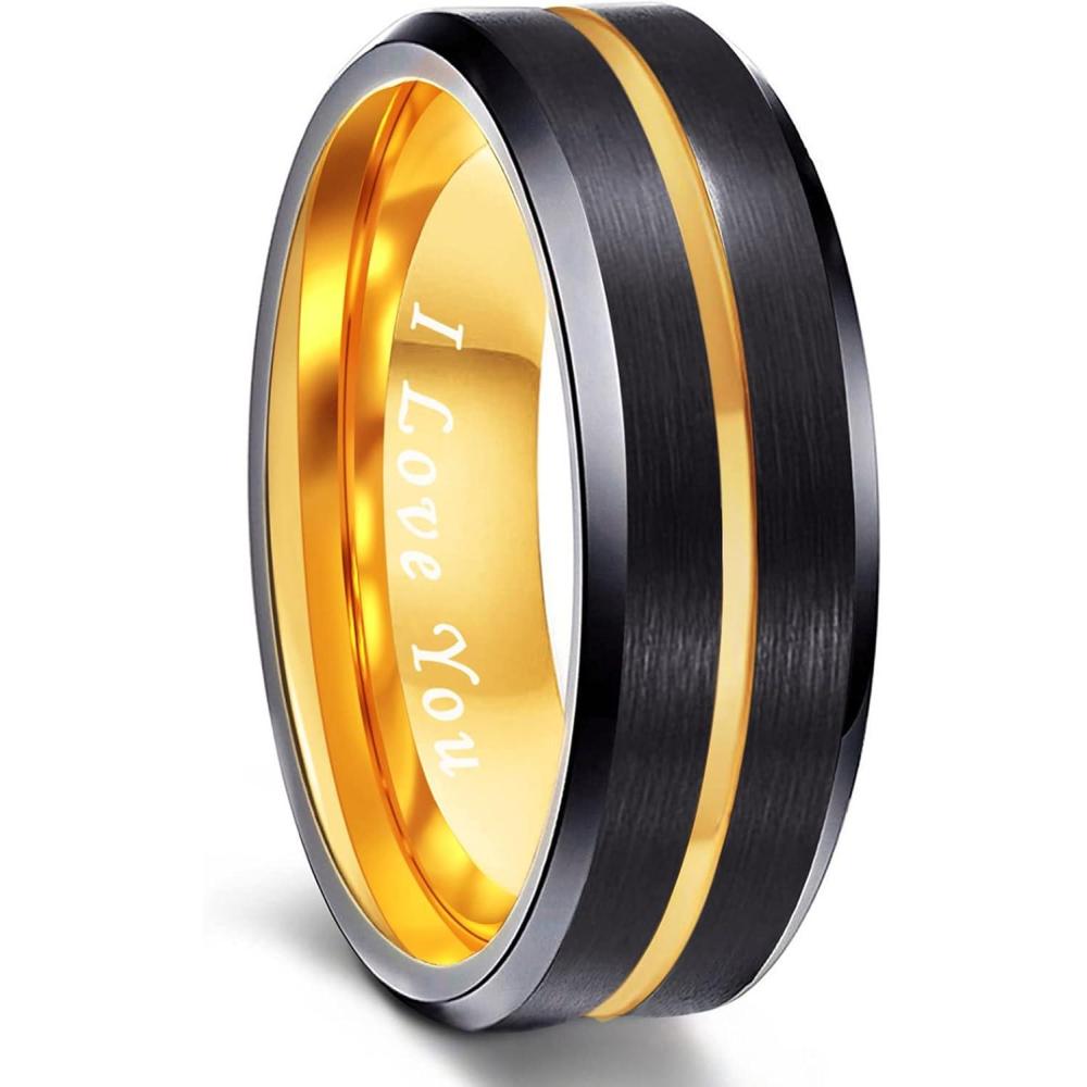 imageGreenpod Mens Tungsten Ring Wedding Band 6mm 8mm 10mm Engraved I Love You Thin BlueBlack Centre Groove Comfort Fit Size 6178mm Black Gold Plated I Love you