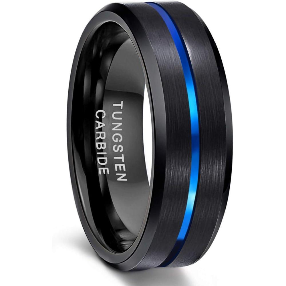 imageGreenpod Mens Tungsten Ring Wedding Band 6mm 8mm 10mm Engraved I Love You Thin BlueBlack Centre Groove Comfort Fit Size 6178mm Blue Black