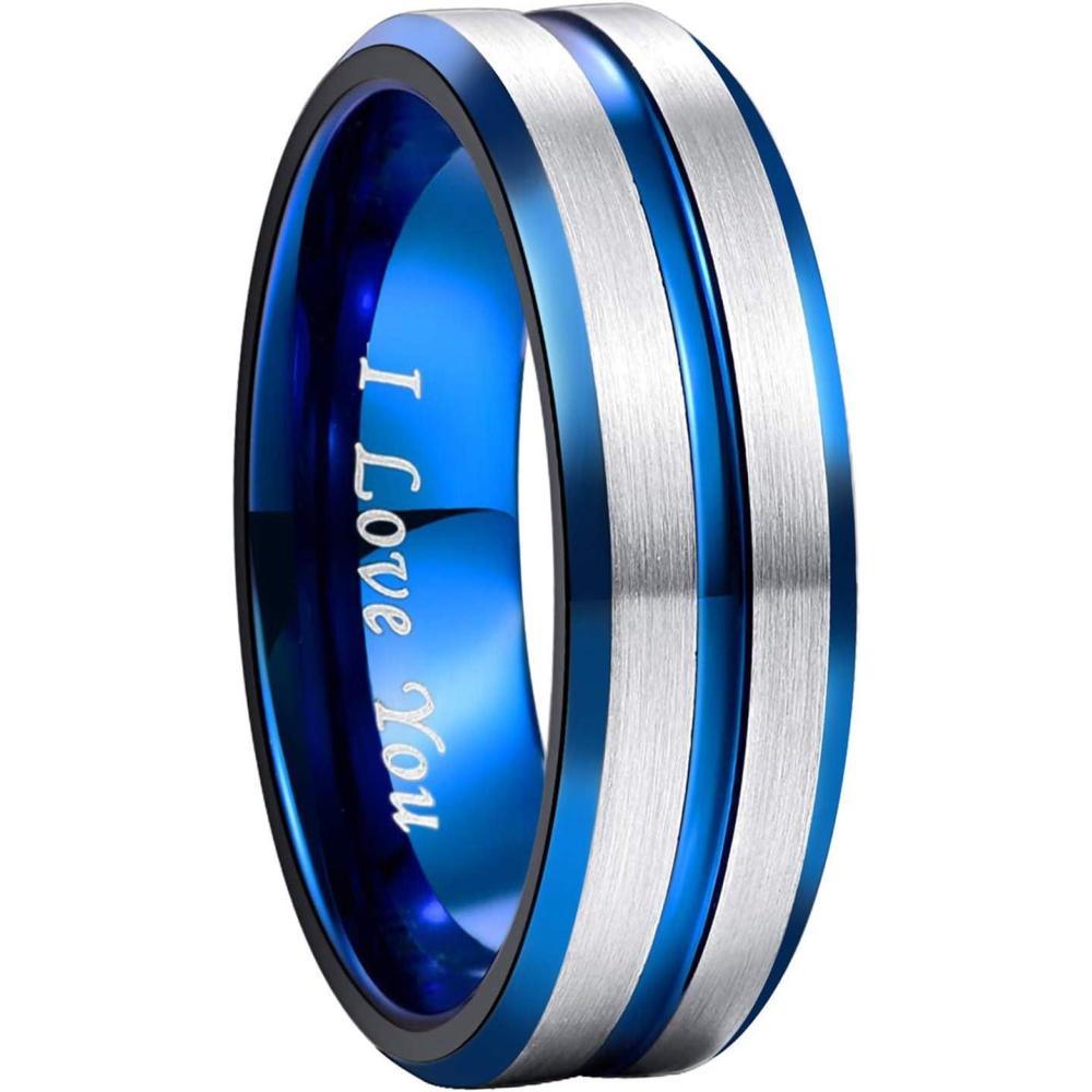imageGreenpod Mens Tungsten Ring Wedding Band 6mm 8mm 10mm Engraved I Love You Thin BlueBlack Centre Groove Comfort Fit Size 6178mm Blue I Love You
