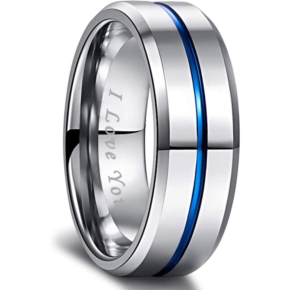 imageGreenpod Mens Tungsten Ring Wedding Band 6mm 8mm 10mm Engraved I Love You Thin BlueBlack Centre Groove Comfort Fit Size 6178mm Silver I Love You