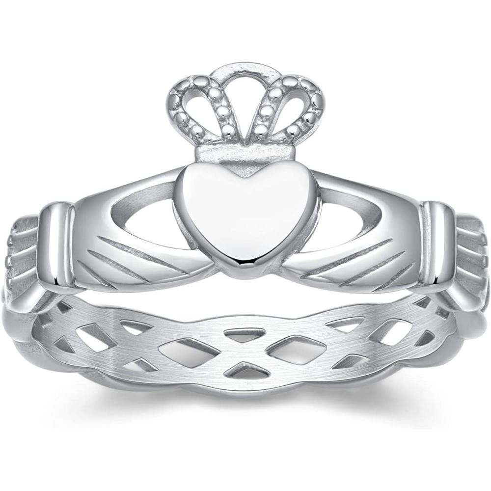 imageGreenpod Stainless Steel Rings for Women Silver Irish Claddagh Rings Love Heart Celtic Knot Crown Wedding Band Size 412claddagh