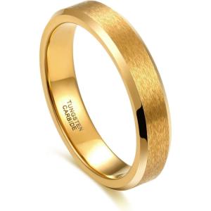 Greenpod 4mm 6mm Tungsten Carbide Ring for Men Women Beveled Edge Brushed Silver/Black/24K Gold Plated Wedding Band Comfort Fit Size 4-13(4MM 24K Gold Plated)