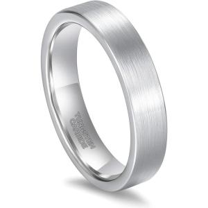 Greenpod 4mm 6mm Tungsten Carbide Ring for Men Women Beveled Edge Brushed Silver/Black/24K Gold Plated Wedding Band Comfort Fit Size 4-13(5MM Silver)