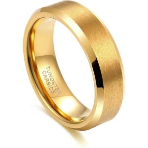 Greenpod 4mm 6mm Tungsten Carbide Ring for Men Women Beveled Edge Brushed Silver/Black/24K Gold Plated Wedding Band Comfort Fit Size 4-13(6MM 24K Gold Plated)
