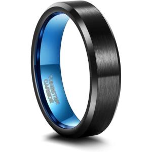Greenpod 4mm 6mm Tungsten Carbide Ring for Men Women Beveled Edge Brushed Silver/Black/24K Gold Plated Wedding Band Comfort Fit Size 4-13(6MM Black Blue)