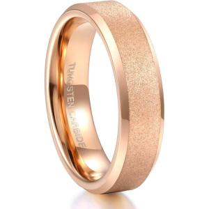 Greenpod 4mm 6mm Tungsten Carbide Ring for Men Women Beveled Edge Brushed Silver/Black/24K Gold Plated Wedding Band Comfort Fit Size 4-13(6MM Rose Gold Plated)