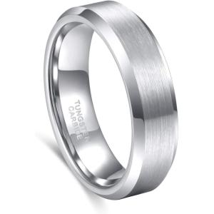 Greenpod 4mm 6mm Tungsten Carbide Ring for Men Women Beveled Edge Brushed Silver/Black/24K Gold Plated Wedding Band Comfort Fit Size 4-13(6MM Silver)