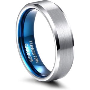 Greenpod 4mm 6mm Tungsten Carbide Ring for Men Women Beveled Edge Brushed Silver/Black/24K Gold Plated Wedding Band Comfort Fit Size 4-13(6MM Silver Blue)