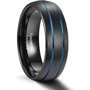Greenpod 6mm 8mm Black Tungsten Ring for Men Blue/Rose Gold Plated/Silver Thin Groove Line Dome Brushed Comfort Fit Size 6-15(Black & Blue)