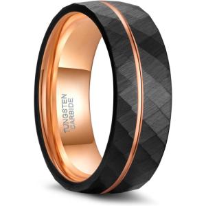 Greenpod 6mm 8mm Tungsten Carbide Rings for Men Hammered Rose Gold Plated Line Multi Faceted Wedding Band Women Brushed Matte Finished Comfort Fit Size 6-13(8mm)