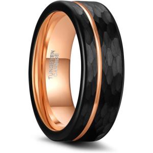 Greenpod 6mm 8mm Tungsten Carbide Rings for Men Hammered Rose Gold Plated Line Multi Faceted Wedding Band Women Brushed Matte Finished Comfort Fit Size 6-13(8MM Hammered)