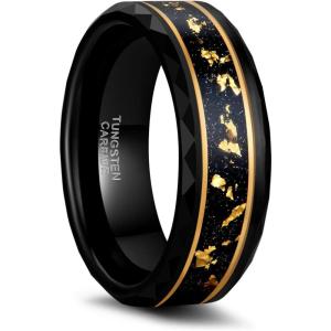 Greenpod 8MM Tungsten Carbide Rings for Men Hammered Polished Faceted Edge Wedding Band 24K Gold Plated Foil with Black Dinas Inlay Comfort Fit Size 7-13
