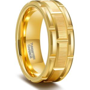 Greenpod 8mm Tungsten Carbide Rings for Men Black/Silver/24K Gold Plated Brick Pattern Grooved Brushed Wedding Band Comfort Fit Size 7-13(24K Gold Plated)
