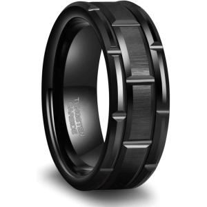 Greenpod 8mm Tungsten Carbide Rings for Men Black/Silver/24K Gold Plated Brick Pattern Grooved Brushed Wedding Band Comfort Fit Size 7-13(Black)