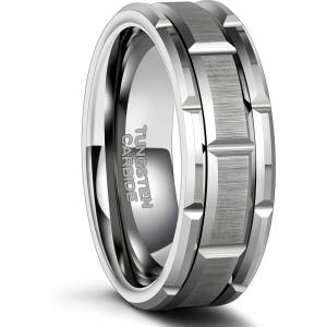 Greenpod 8mm Tungsten Carbide Rings for Men Black/Silver/24K Gold Plated Brick Pattern Grooved Brushed Wedding Band Comfort Fit Size 7-13(Silver)