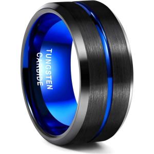 Greenpod Mens Tungsten Ring Wedding Band 6mm 8mm 10mm Engraved I Love You Thin Blue/Black Centre Groove Comfort Fit Size 6-17(10mm Black Blue)