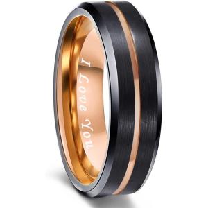 Greenpod Mens Tungsten Ring Wedding Band 6mm 8mm 10mm Engraved I Love You Thin Blue/Black Centre Groove Comfort Fit Size 6-17(6mm Black Rose Gold Plated I Love You)