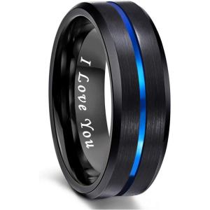 Greenpod Mens Tungsten Ring Wedding Band 6mm 8mm 10mm Engraved I Love You Thin Blue/Black Centre Groove Comfort Fit Size 6-17(8mm Blue Black I Love You)