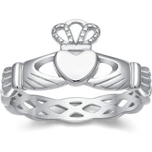 Greenpod Stainless Steel Rings for Women Silver Irish Claddagh Rings Love Heart Celtic Knot Crown Wedding Band Size 4-12(claddagh)